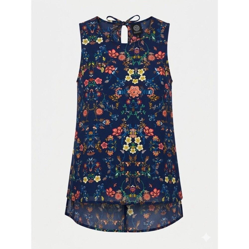 Bobeau Floral Sleeveless Top L Large Navy Blue Boho Keyhole Back High Low Blouse